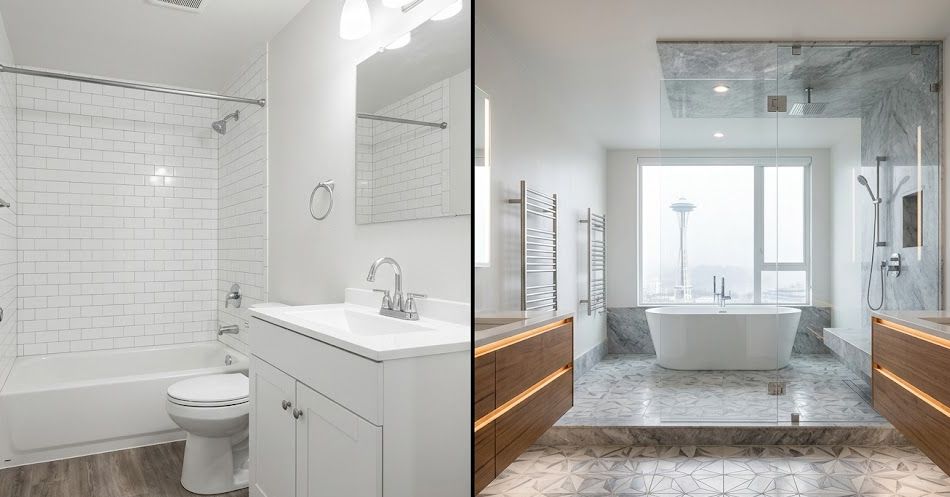 A split photograph comparing a budget-friendly Basic Refresh bathroom with simple finishes (left) to a high-end Luxury Spa Bathroom featuring a marble shower, soaking tub, and Seattle views (right)